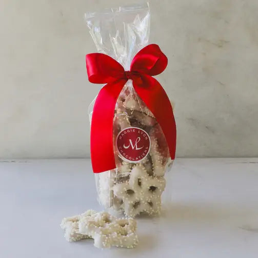 White Chocolate Covered Snowflake Pretzels with Nonpareils(5 oz bag)