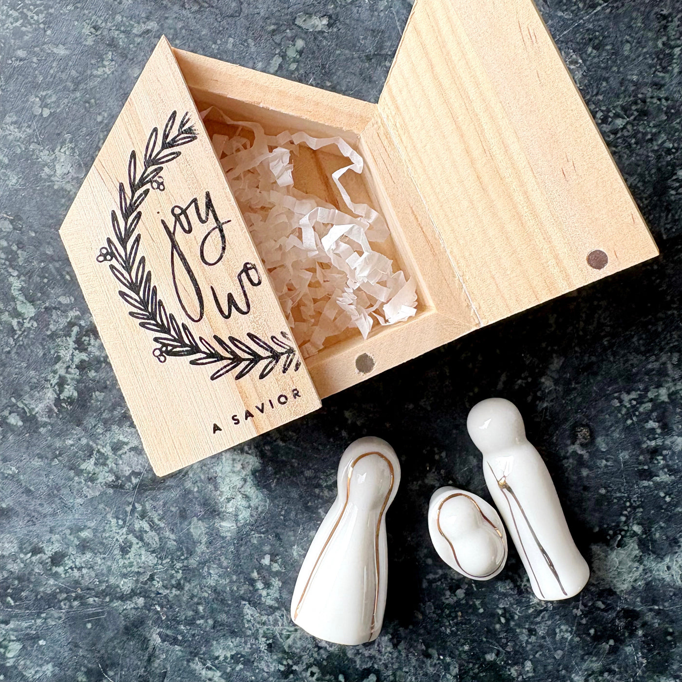 Ceramic Figurines Pine Wood Box - Holy Family