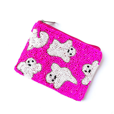 Hot Pink Ghost Mini Beaded Coin Bag