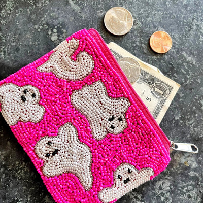 Hot Pink Ghost Mini Beaded Coin Bag