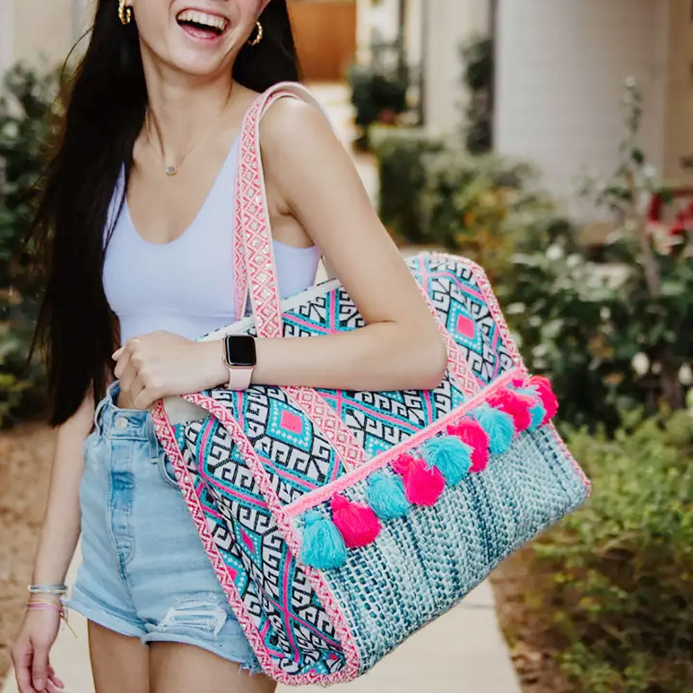 Turquoise and Pink Diamond Zipper Tote