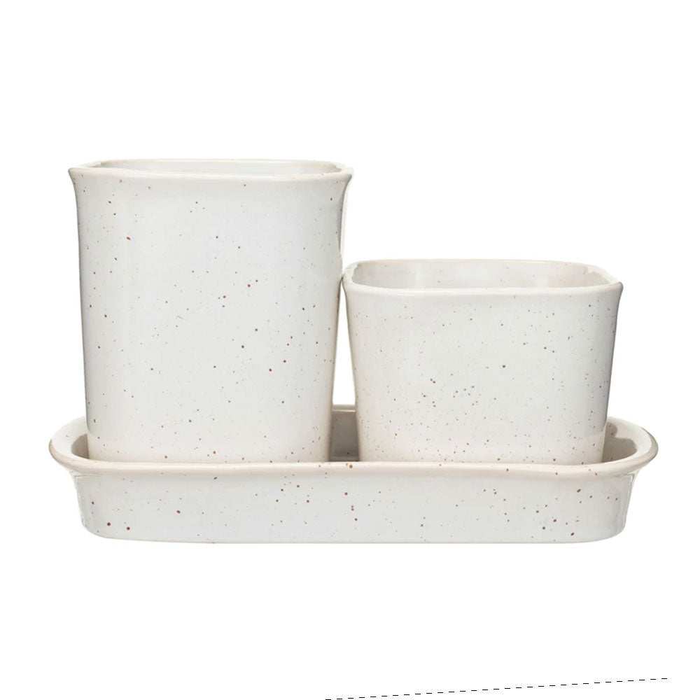 Stoneware Planters with Tray (set of 3)