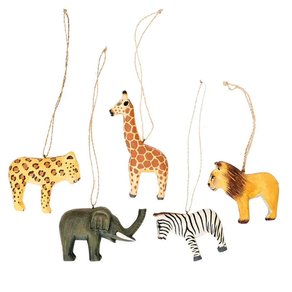 Hand Carved Wood Safari Animal Ornaments