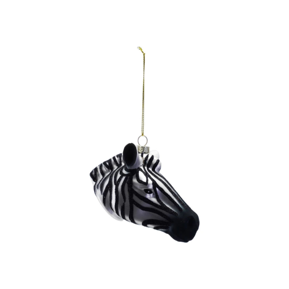 Glass Zebra Head Ornament with Glitter