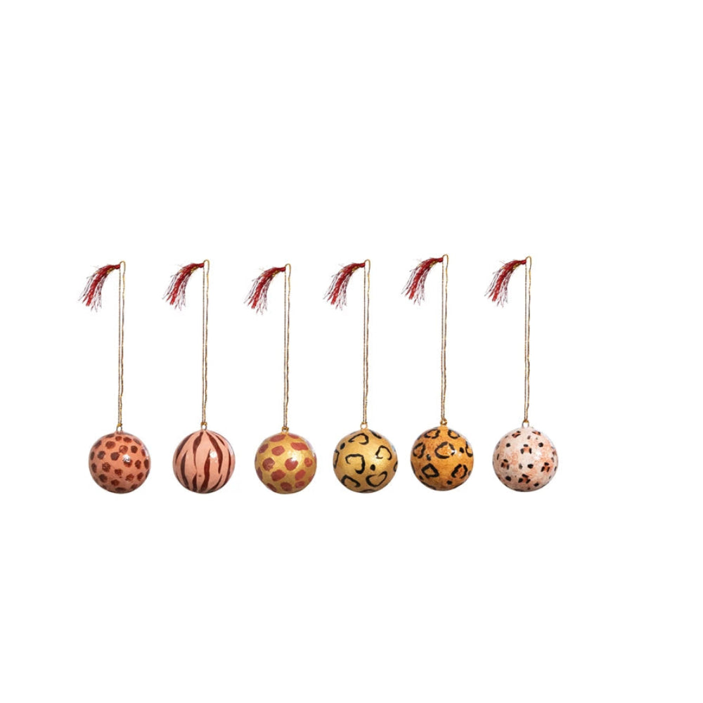 Hand Painted Paper Mache Ball Ornament with Animal Print (set of 6)