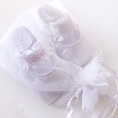 ruffled strap satin shoes for infants on barquegifts.com
