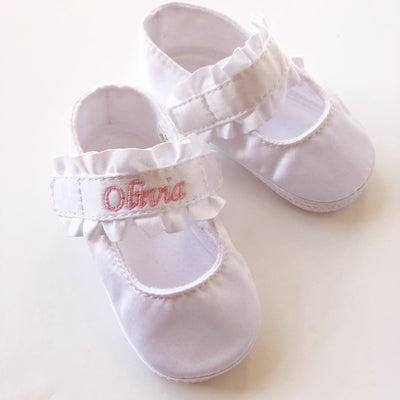 ruffled strap satin shoes for infants on barquegifts.com