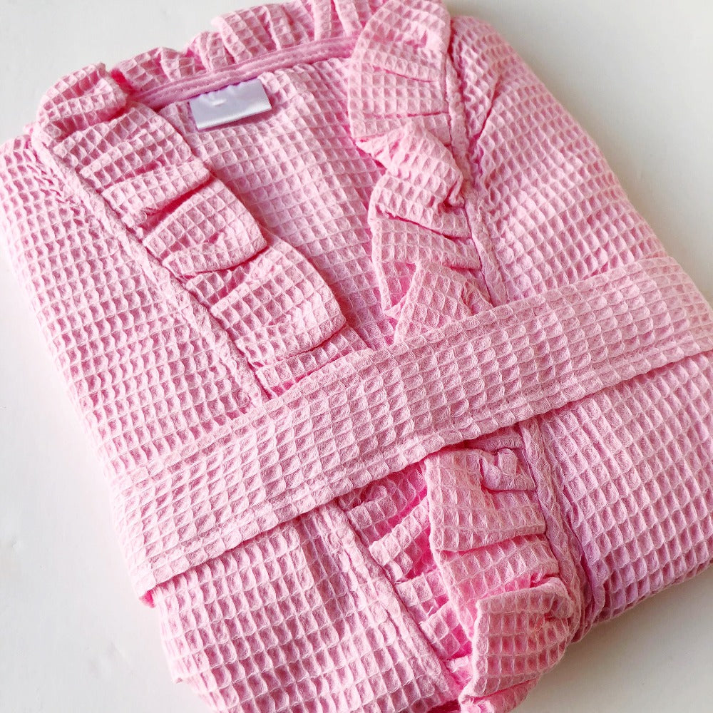 pink waffle weave ruffled robe on barquegifts.com