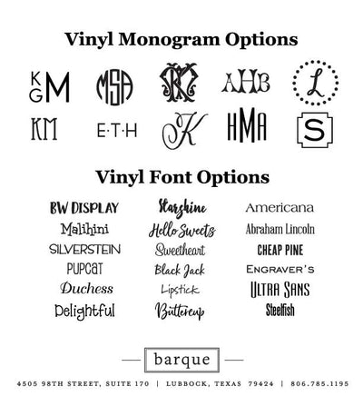 brumate vinyl personalization options on barquegifts.com